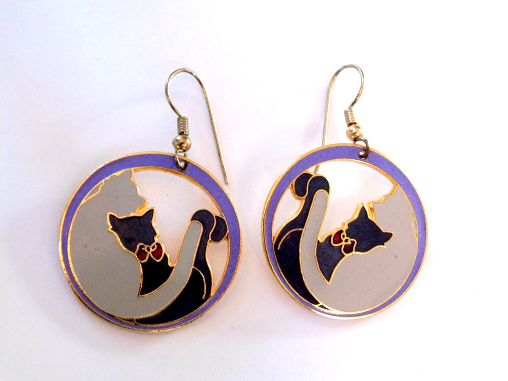 Vtg 80s Enamel Cats Purple Black Cat Drop Dangle Pierced Earrings Signed MEOW